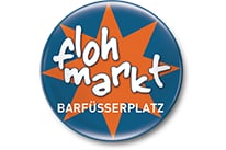 Logo Flohmarkt Barfüsserplatz mit orange-blauer Sternform.