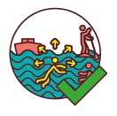 Strichmensch schwimmt neben Schiff und SUP