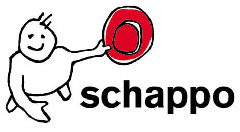 Logo mit Zeichnung einer Figur, die einen roten Hut hält, und dem Text 'schappo'.