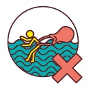 Strichmensch mit Schwimmsack im Wasser, Verbotskreuz