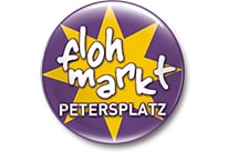 Logo Flohmarkt Petersplatz auf lila Hintergrund.