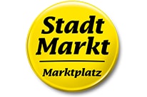 Gelbes Logo mit der Aufschrift Stadt Markt Marktplatz.