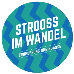 Logo mit dem Text Strooss im Wandel Erneuerung Rheingasse.