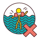 Strichmensch mit Schwimmflügel im Wasser, Verbotskreuz