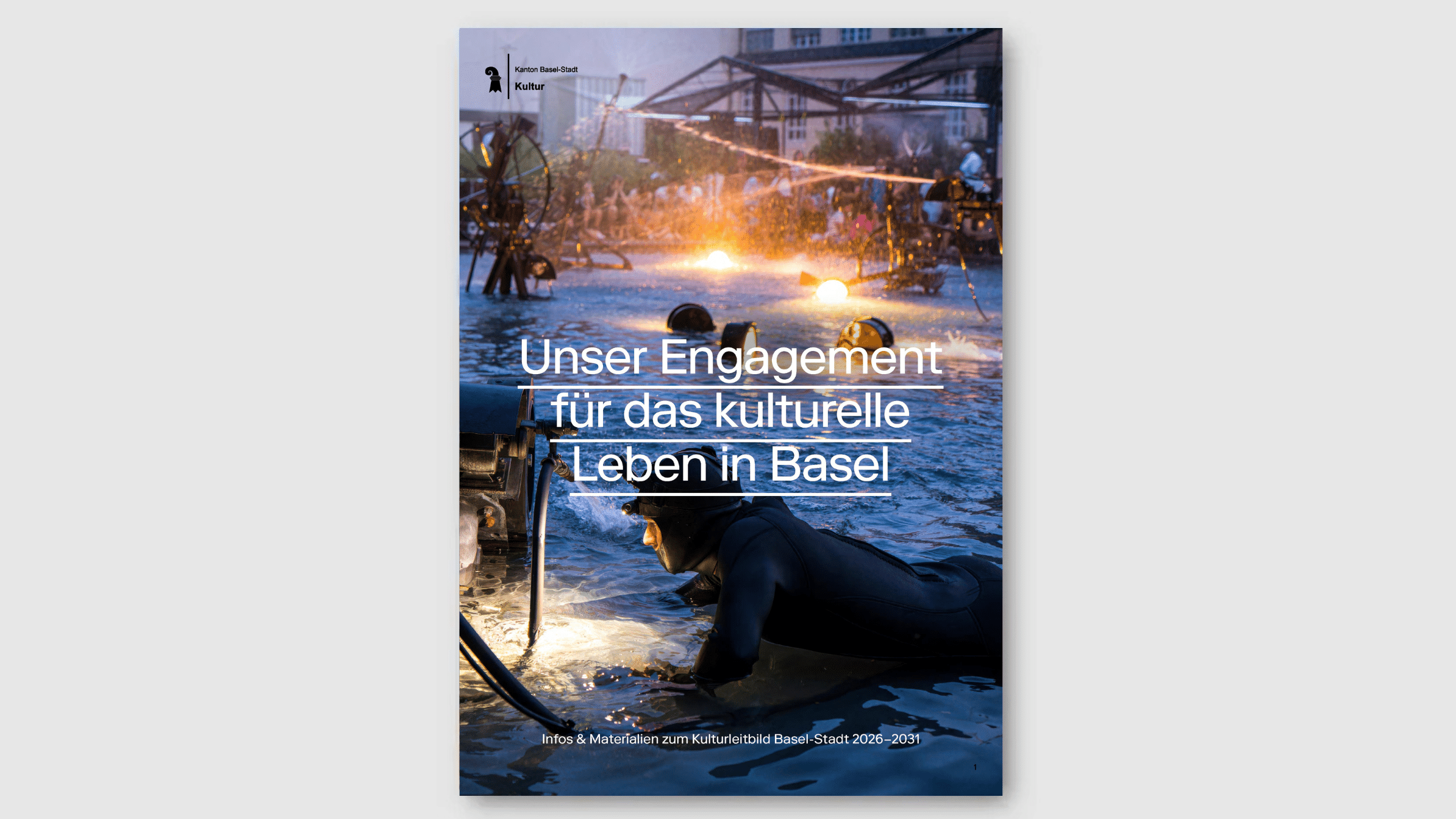 Tinguelybrunnen mit Lichtern, Text 'Unser Engagement für das kulturelle Leben in Basel'.
