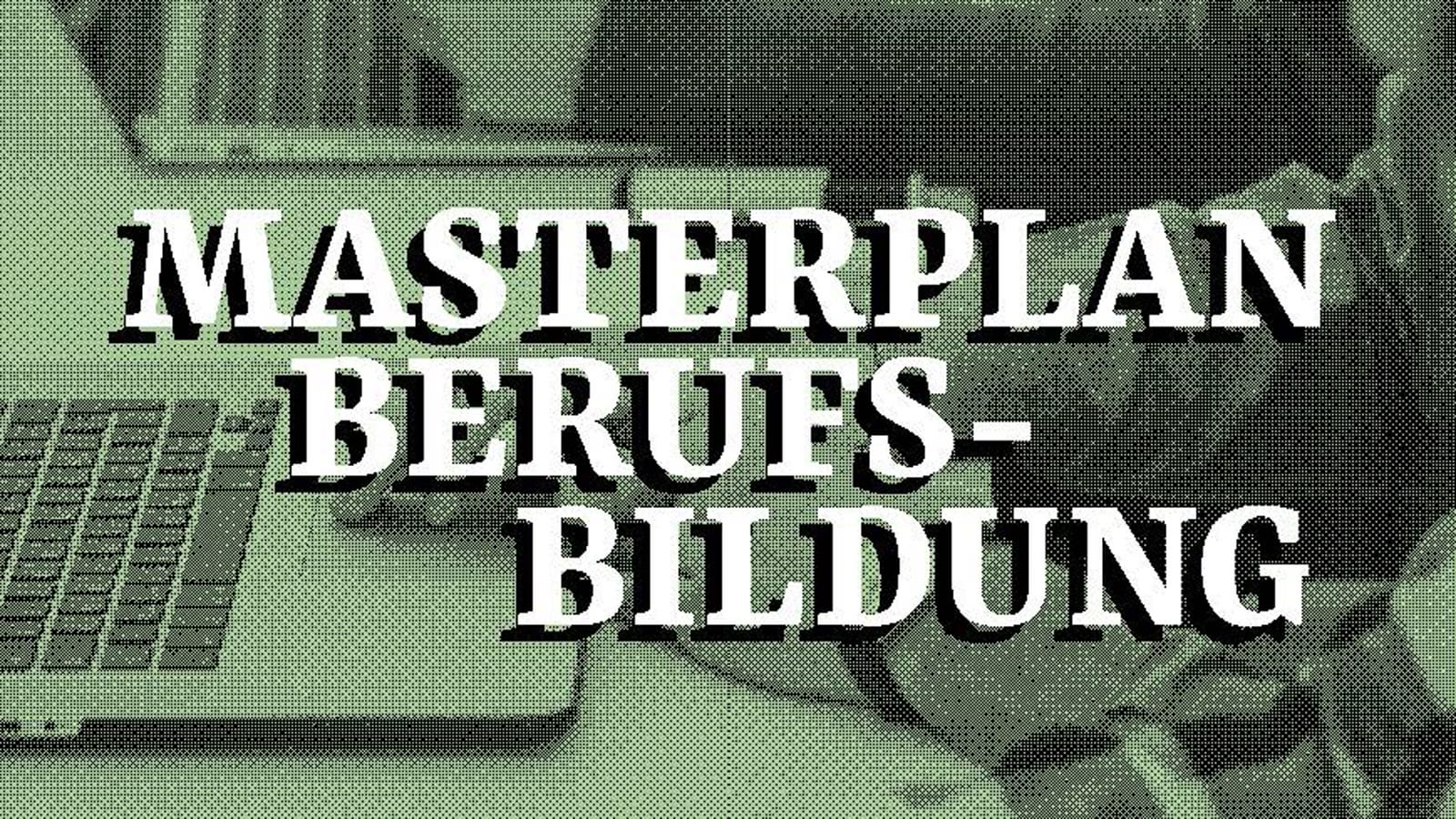 Text 'Masterplan Berufsbildung' über Laptop auf grünem Hintergrund.