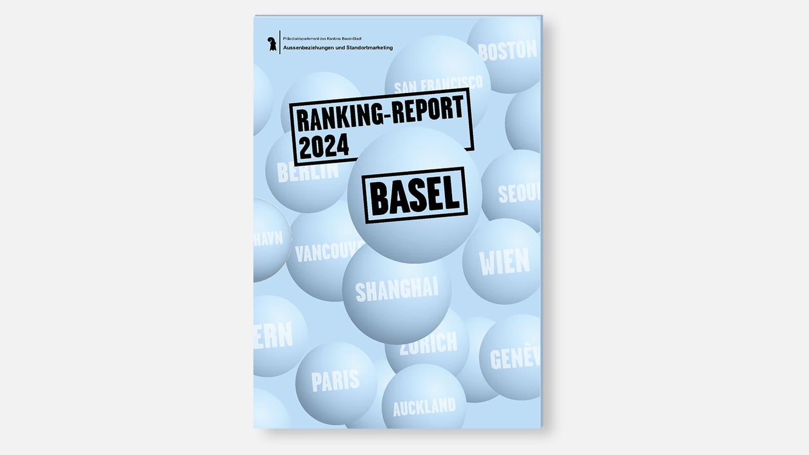 Ranking report 2024 Basel with international city names on blue balls.