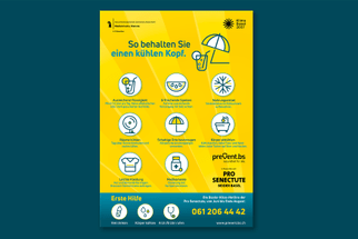 Gelbes Plakat mit Hitzeschutztipps und Symbolen, Notrufnummer unten.
