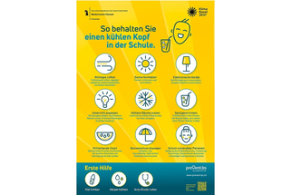 Gelbes Hitzeplakat für Schulen mit Tipps zum Verhalten bei Hitze in Schulen.