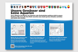 Ein Informationsplakat mit Zeichnungen und Text über den Schutz von Gewässern.