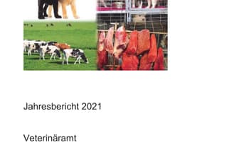 Titelseite des Jahresberichts 2021 des Veterinäramts Basel-Stadt mit Tieren und Fleischprodukten.