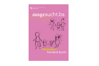 Rosa Plakat mit Zeichnung einer Familie und Text 'ausgesucht.bs Mittendrin! Familie & Sucht'.