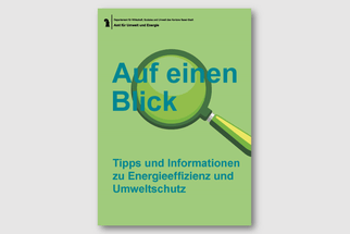 Grünes Poster mit Lupe und blauem Text.