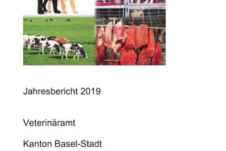 Deckblatt des Jahresberichts 2019 des Veterinäramts Basel-Stadt mit Tieren und Fleischstücken.