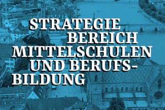 Coverbild der Publikation Strategie Bereich Mittelschulen und Berufsbildung des Erziehungsdepartements Basel-Stadt. Im Hintergrund ein blau eingefärbtes Luftbild der Stadt Basel mit dem Rhein, im Vordergrund grosse weisse Titelaufschrift in Blockbuchstaben.