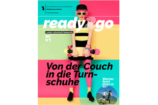 Frau mit Skateboard vor bunter Wand, Magazincover Ready Go.",