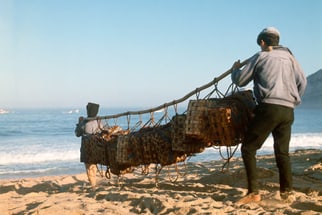 Zwei Personen tragen eine Ladung auf einem Strand.