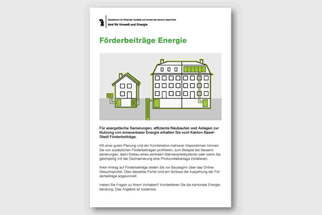 Informationsblatt über Förderbeiträge Energie mit Gebäudegrafik.