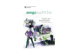 Poster über Sucht am Arbeitsplatz mit Personen am Computer.",