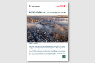 Luftaufnahme von Basel mit Nebel über der Stadt, Bericht-Covertext darunter.