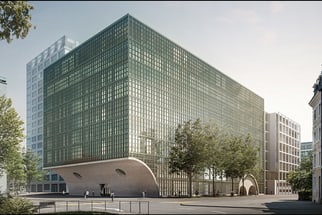 Moderner Gebäudekomplex mit Glasfassade und Bogenbasis.