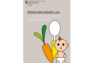 Ernährungsplan für das erste Lebensjahr, Karotte und Baby-Illustration.",