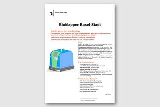 Informationsblatt zu Bioklappen in Basel-Stadt mit Illustration eines Müllcontainers.