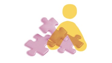 Grafik mit Puzzleteilen und abstrahierter Figur.