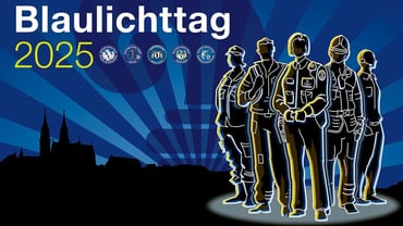 Illustration von Einsatzkräften für Blaulichttag 2025 mit Stadthintergrund.