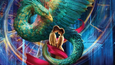 Phantasievoller Drache umarmt ein Paar mit rotem Band in buntem Hintergrund.