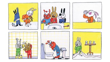 Comic-Häschen putzen Zähne und spielen im Badezimmer.