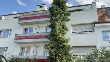 Mehrfamilienhaus mit roter Balkonverkleidung und hohem Baum davor.