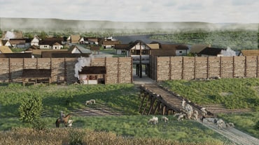 Rekonstruktion eines spätkeltischen Dorfes mit einer Holz-Stein-Wall..