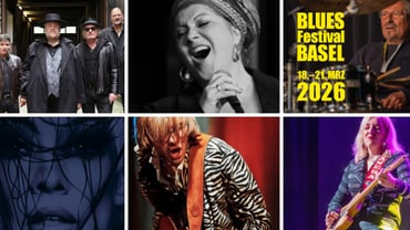 Collage von Musikern und Blues Festival Basel Plakat 2026.