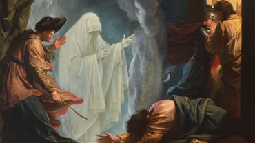 Geisterhafte Erscheinung in dramatischer Szene mit Figuren in Panik.