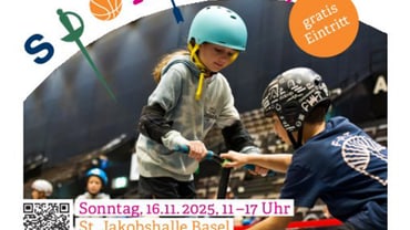 Werbung für Sportmarkt Basel mit Skaterkind und Infos zum Event.