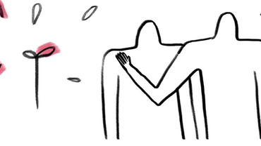 Zwei Umrissefiguren, einer legt den Arm um den anderen mit stilisierten Blumen im Hintergrund.