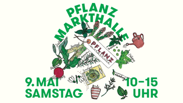 Illustration eines Pflanzmarktes mit Datum und Uhrzeit.