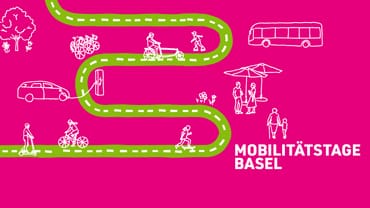 Illustration von Mobilitätstagen in Basel, grüner Weg mit Verkehrsmitteln auf pinkem Hintergrund.