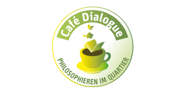 Logo von Café Dialogue mit Teetasse und Buch.