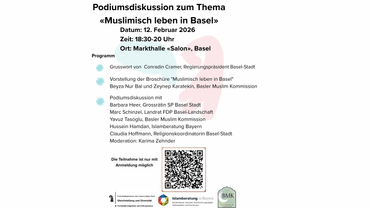 Plakat für Podiumsdiskussion über muslimisches Leben in Basel am 12. Februar 2026.