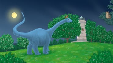 Illustration eines blauen Dinosauriers mit Wasserturm bei Vollmondnacht.