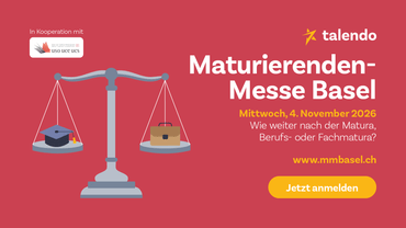 Grafik mit Waage, Bücher auf einer Seite, Laptop auf der anderen, Text zur Maturierenden-Messe Basel.