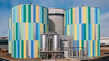 Bunte gestreifte Industriegebäude mit Tanks.