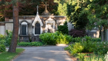 Weg auf dem Friedhof Wolfgottesacker mit historischen Grabmalen und Bäumen.