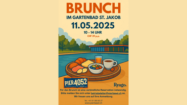 Einladung zum Brunch im Gartenbad St. Jakob am 11.05.2025.