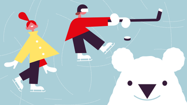 Illustration von Eiskunstläufer und Eishockeyspieler mit Bär im Hintergrund.
