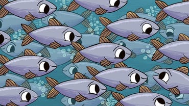 Zeichnung von schwimmenden Fischen mit grossen Augen im Wasser.