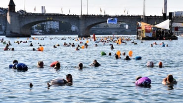 Viele Menschen, die an einem schönen Sommertag im Rhein baden.