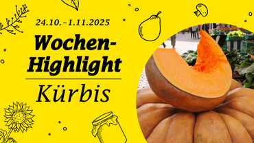 Plakat mit Kürbis, gelbem Hintergrund, Wochen-Highlight Text.